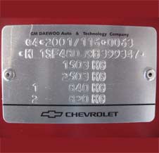 Tabliczka z numerem VIN Chevrolet